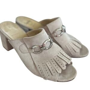 Amalfi Light Grey Suede Kiltie Ruffle Silver Buckle Slip On Heeled Mule